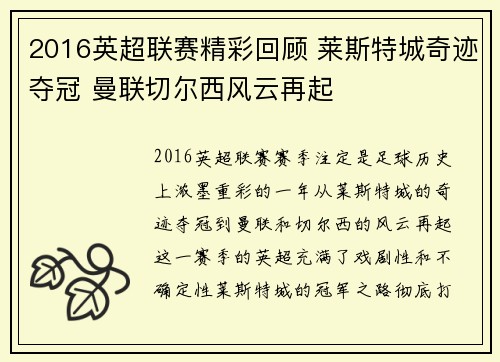2016英超联赛精彩回顾 莱斯特城奇迹夺冠 曼联切尔西风云再起